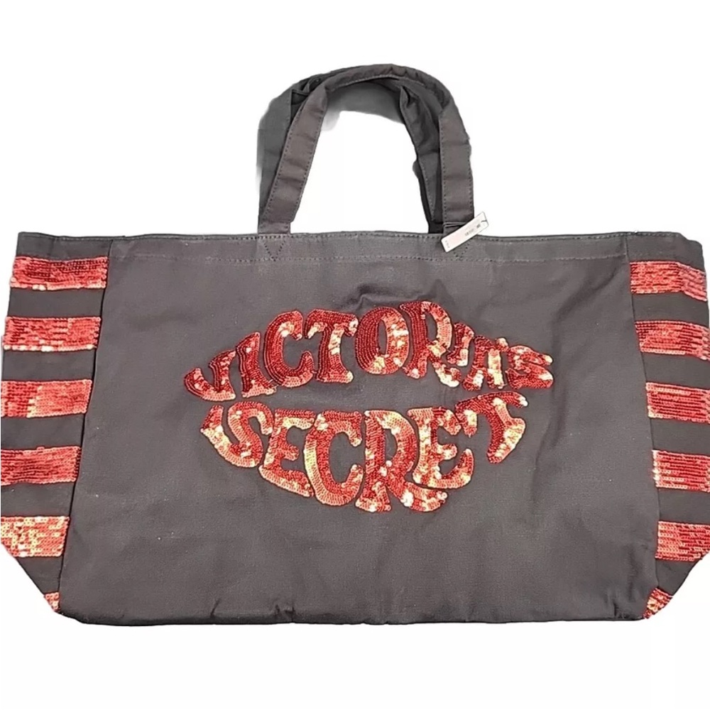 Victorias Secret Black Red Sequins Tote Large Travel Bag Valentines Day Lips NEW